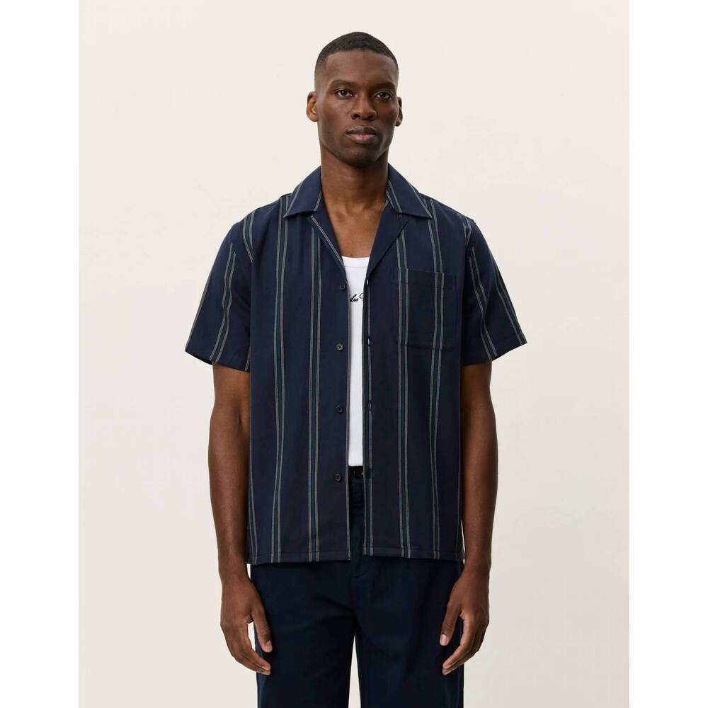 NEW LES DEUX lawson stripe short sleeve shirt in dark navy
